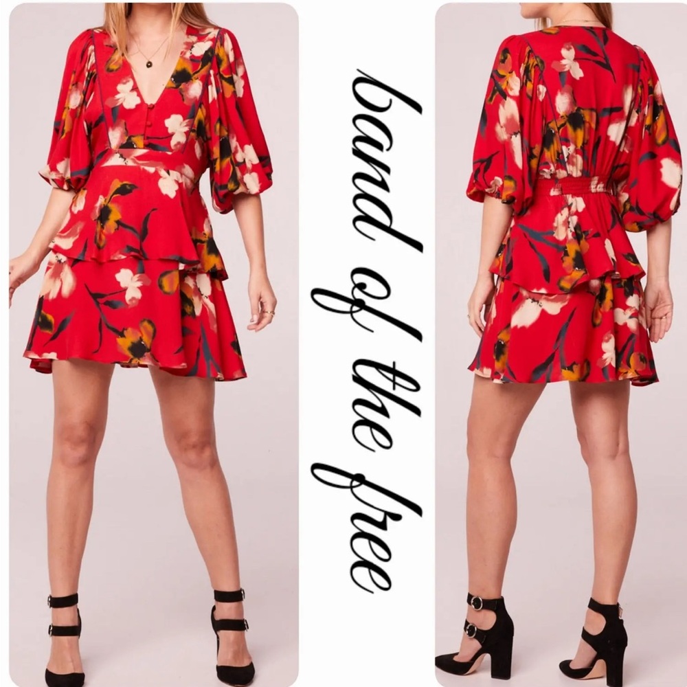 Band of the Free Dolly Red Floral Puff Sleeve Mini Dress Size Medium NWT